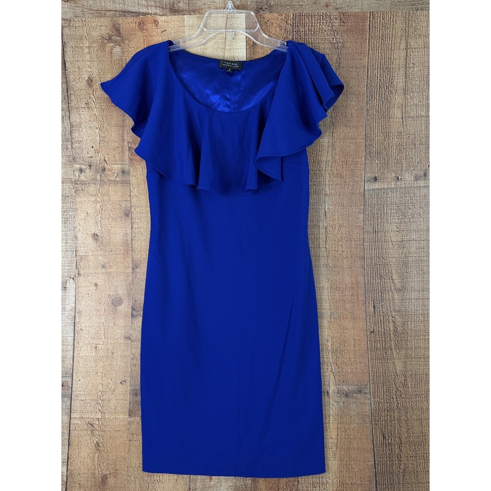 Tahari Arthur S Levine Dress 4 Royal Blue Ruffle Cape Sheath Cocktail Elegant